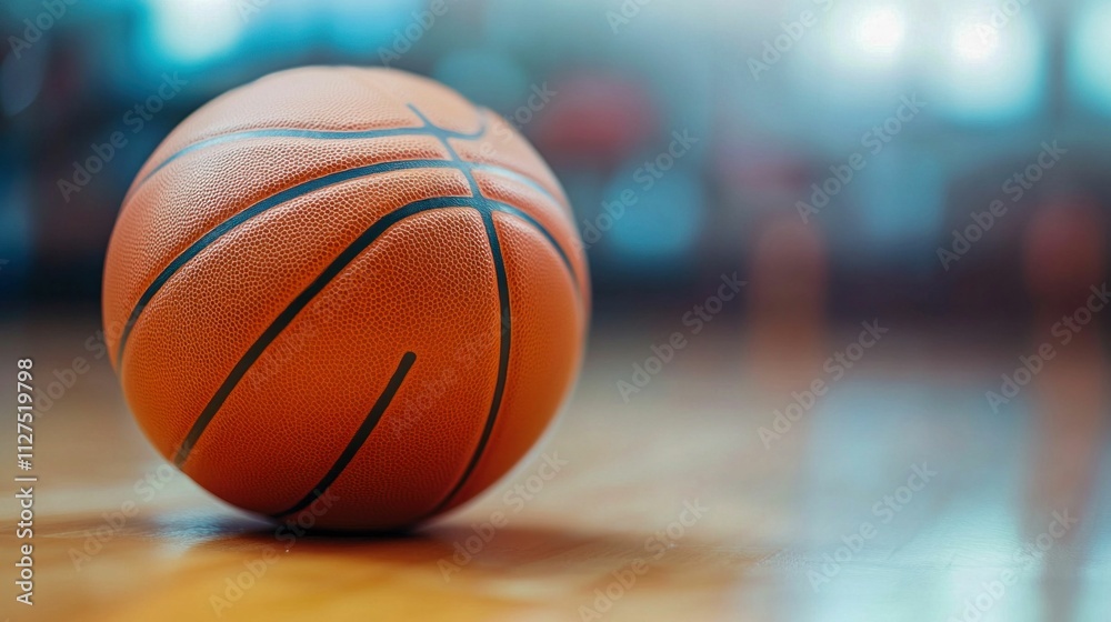 Close-Up of Basketball on Court with Blurred Gymnasium Background Close-Up of Basketball on Court with Blurred Gymnasium Background