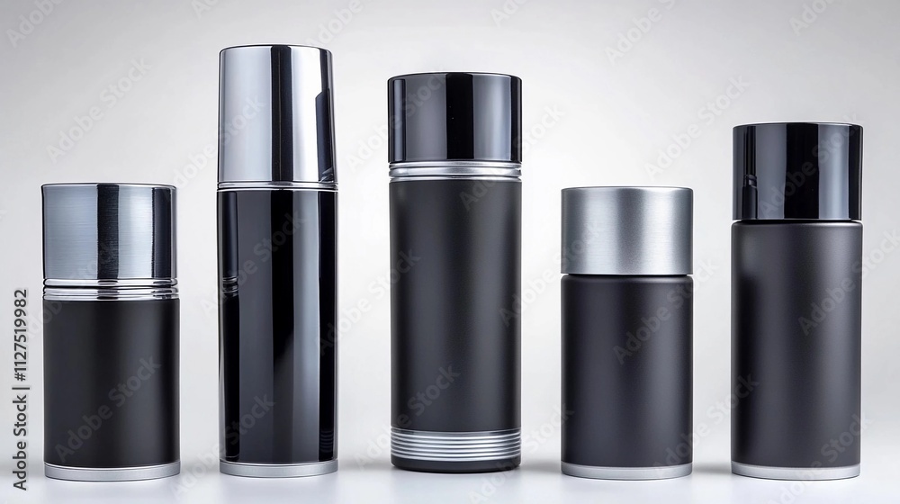 Different styles of sleek black containers arranged in a row on a light background Different styles of sleek black containers arranged in a row on a light background
