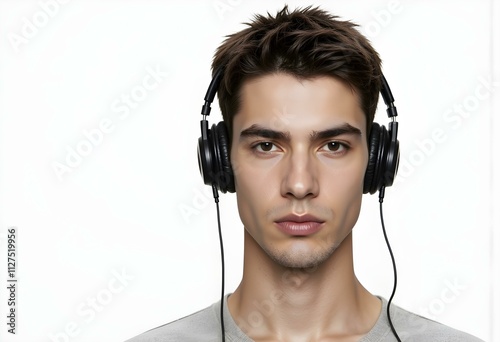 Music concept. Generation z lifestyle. Man listening audio in music headphones. Caucasian man isolated on white. Student guy listen audio. Millennial man listen to music in headphones. Mp3