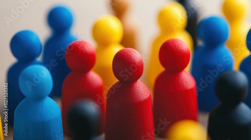 Group of Wooden Toy People in Red, Blue, and Yellow with One Person Standing Out