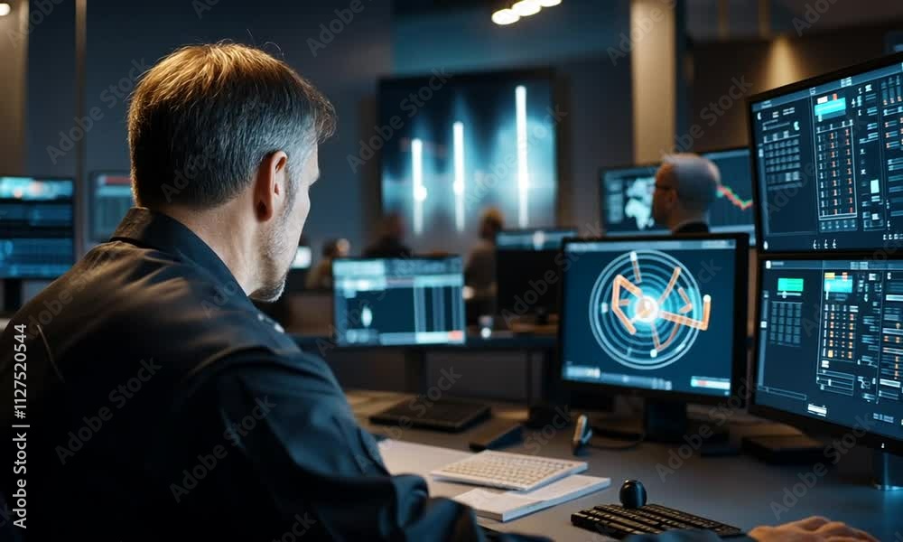 Focused man monitoring screens in a control room, analyzing data and system information. Focused man monitoring screens in a control room, analyzing data and system information.