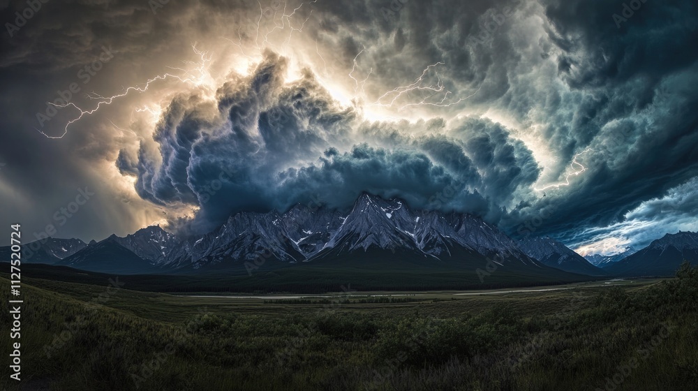 Lightning strikes dark storm clouds over mountains. Lightning strikes dark storm clouds over mountains.