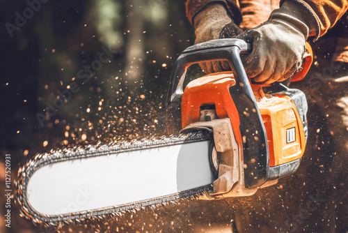 Chainsaw. Woodcutter saws tree with a chainsaw on sawmill