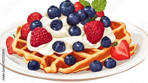 Scrumptious Waffles Topped with Fresh Berries and Cream, Perfect for Breakfast or Dessert with a Colorful Display of Red Strawberries and Blueberries