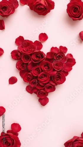 Valentine heart shape made of red roses petals on soft pastel pink background, romantic, petals