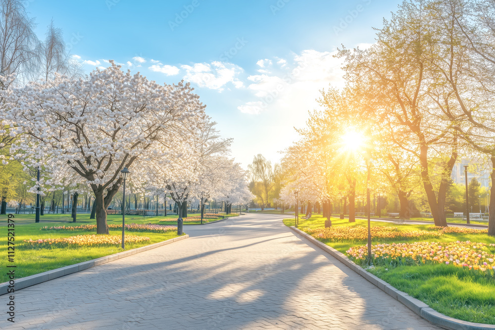 Cherry blossom tunnel in the park. Beautiful spring landscape Cherry blossom tunnel in the park. Beautiful spring landscape