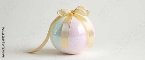 A beautifully crafted pastel ball adorned with a delicate ribbon and gold details sits gracefully against a plain white background, perfect for New Year festivities