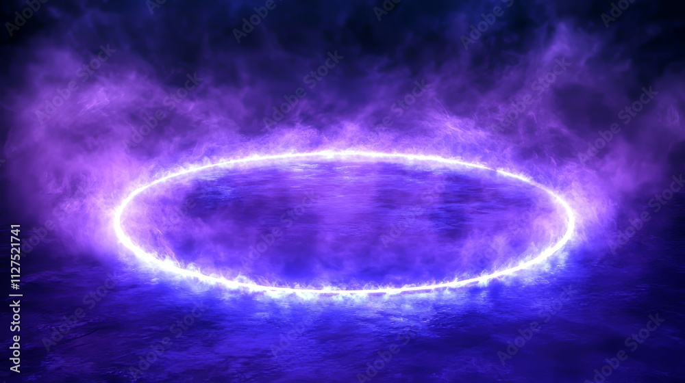 Obraz premium Yellow neon circle with cloud smoke and flare glow. 3d realistic abstract led ring with sparkle and purple soft fog trail. Mystery panorama with gold circular glowing bright laser lens and steam