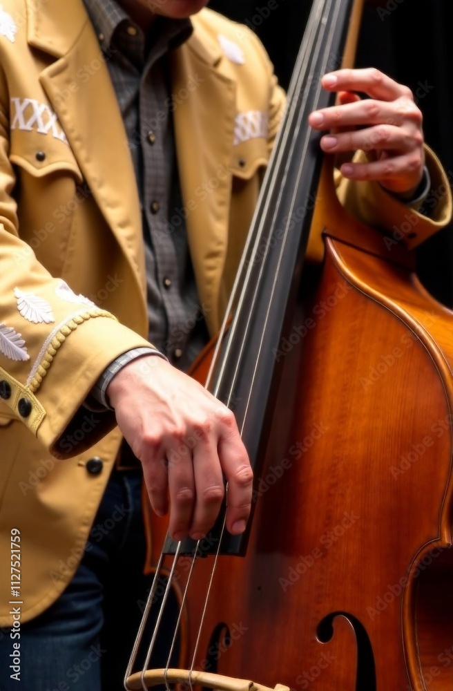 Musician playing double bass in casual jacket during live performance Musician playing double bass in casual jacket during live performance