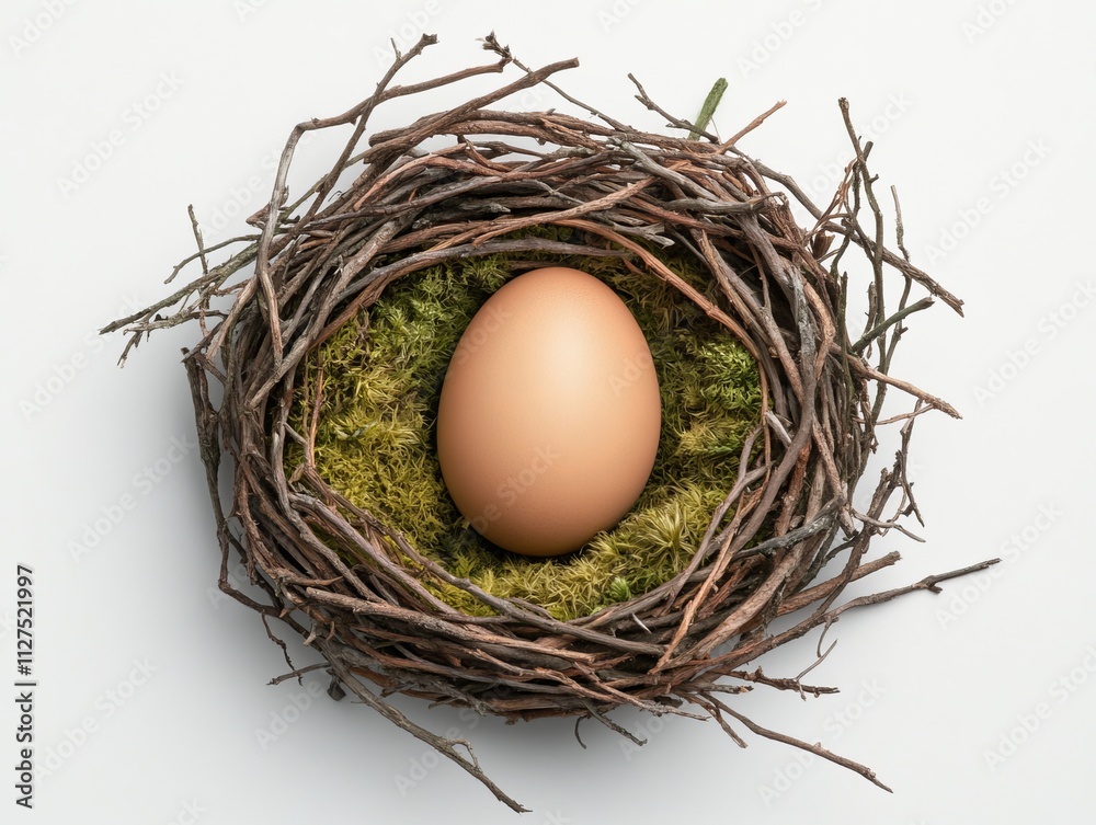 A brown egg ensconced in lush green moss stands out dramatically against a pristine white backdrop, representing nature and the promise of new beginnings. A brown egg ensconced in lush green moss stands out dramatically against a pristine white backdrop, representing nature and the promise of new beginnings.