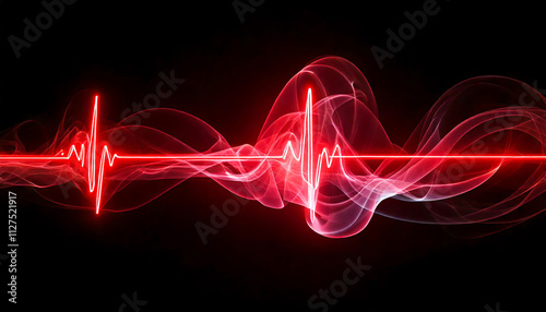 Red heartbeat line with glowing smoke patterns, health and medical concept, abstract motion design, vapor textures, dramatic dark background, creative visual art