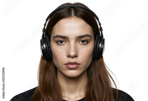 Music concept. Generation z lifestyle. Man listening audio in music headphones. Caucasian women isolated on white. Student guy listen audio. Millennial man listen to music in headphones. Mp3