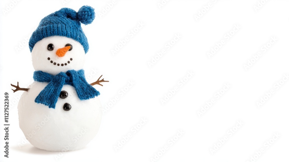 A snowy character, complete with a snug knitted hat and scarf, is set against a pristine white backdrop, radiating the essence of winter bliss and seasonal spirits. A snowy character, complete with a snug knitted hat and scarf, is set against a pristine white backdrop, radiating the essence of winter bliss and seasonal spirits.