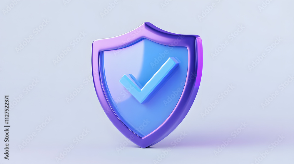 cartoon 3d Icon safety shield check mark perspective . Blue and purple symbol security safety icon. Checkmark in minimalistic style. 3d vector illustration. white background