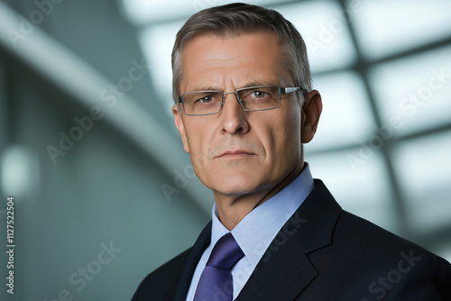 Confident businessman portrait in professional attire indoors with modern architecture