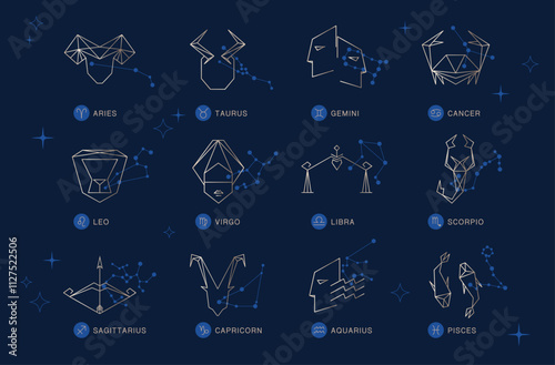 Set of 12 zodiac signs in gold with constellation patterns on dark blue background. Geometric line art style with symbols of zodiacs. Astrology and horoscope concept.