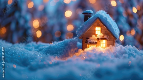 A small snow-covered cottage glowing with warm light from inside