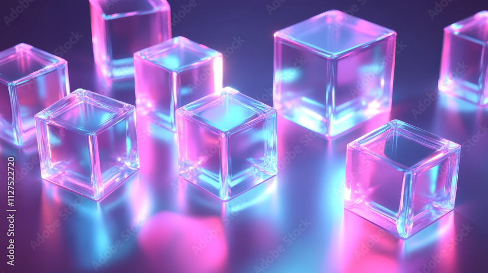 Plastic or glass cubes glowing with neon light in different angle view, clear square box, crystal block, aquarium or exhibit podium, isolated glossy geometric objects, Realistic 3d vector illustration