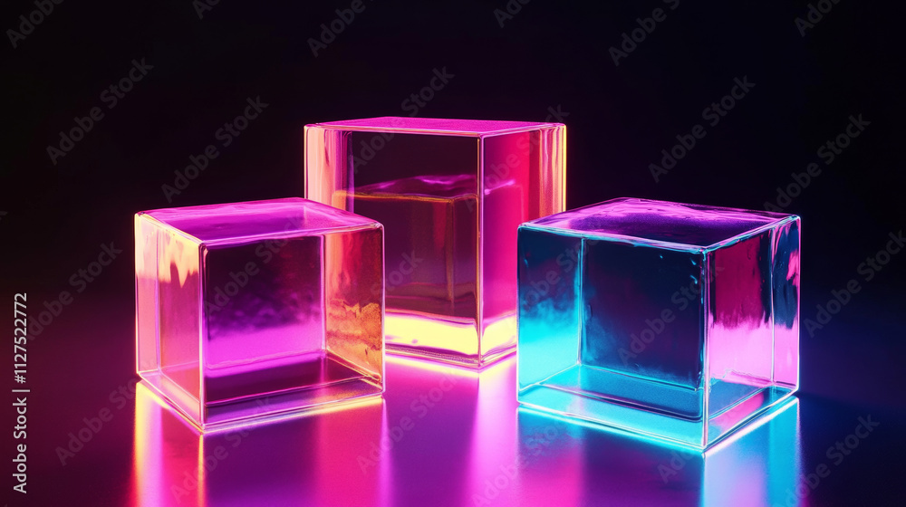 Plastic or glass cubes glowing with neon light in different angle view, clear square box, crystal block, aquarium or exhibit podium, isolated glossy geometric objects, Realistic 3d vector illustration Plastic or glass cubes glowing with neon light in different angle view, clear square box, crystal block, aquarium or exhibit podium, isolated glossy geometric objects, Realistic 3d vector illustration