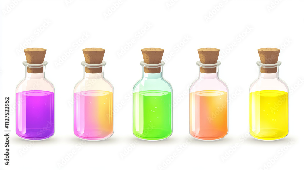 Magic potion bottles set isolated on background. Vector cartoon illustration of glass vials with pink, green, yellow, purple liquid substance, love spell liquid, antidote for poison, witchcraft props Magic potion bottles set isolated on background. Vector cartoon illustration of glass vials with pink, green, yellow, purple liquid substance, love spell liquid, antidote for poison, witchcraft props