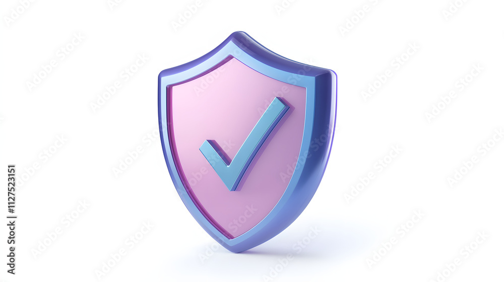 cartoon 3d Icon safety shield check mark perspective . Blue and purple symbol security safety icon. Checkmark in minimalistic style. 3d vector illustration. white background