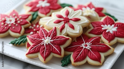 Delicious poinsettia-shaped Christmas cookies decorated with red and white icing on a white plate.