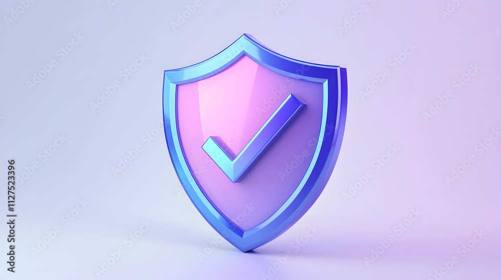 cartoon 3d Icon safety shield check mark perspective . Blue and purple symbol security safety icon. Checkmark in minimalistic style. 3d vector illustration. white background