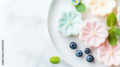 Floral-shaped yogurt desserts with fresh blueberries and mint on elegant white plate