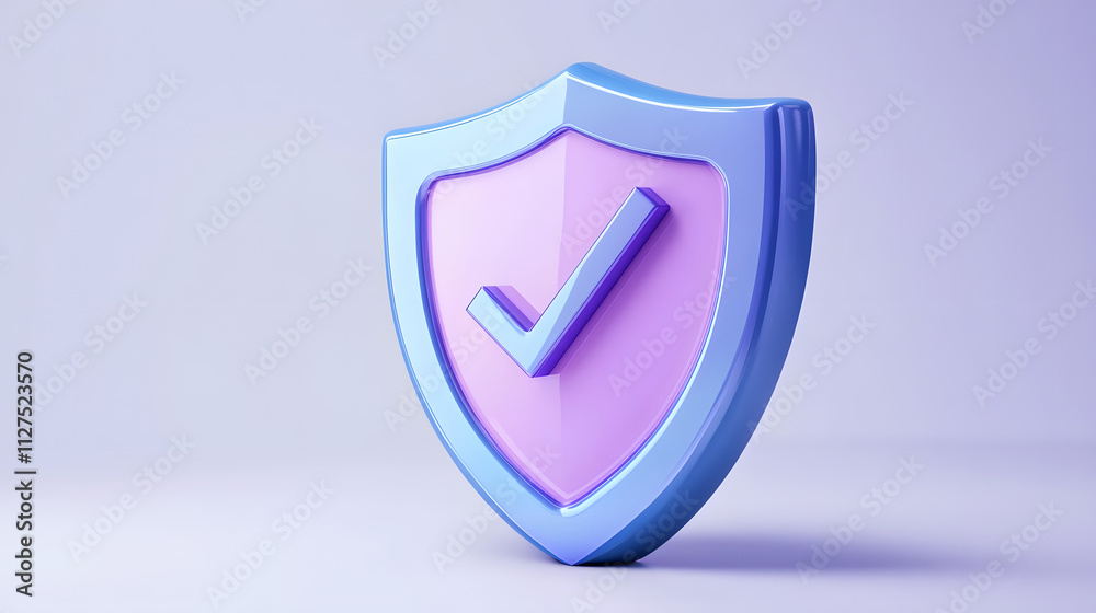 cartoon 3d Icon safety shield check mark perspective . Blue and purple symbol security safety icon. Checkmark in minimalistic style. 3d vector illustration. white background