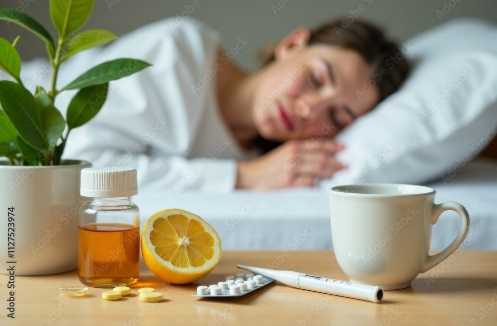 Peaceful rest amidst sickness featuring medicine, lemon, and hot drink for wellness concept Peaceful rest amidst sickness featuring medicine, lemon, and hot drink for wellness concept