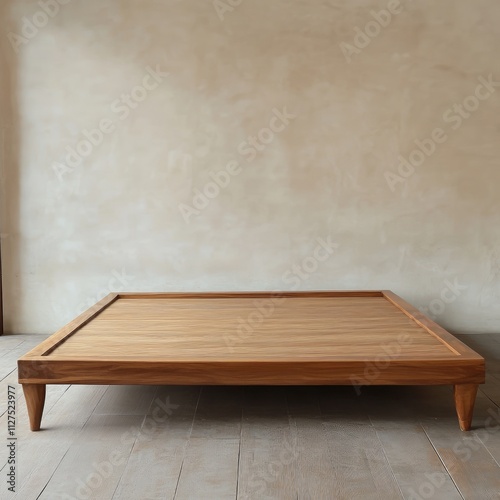 Low platform bed made of light brown wood against a beige wall. photo