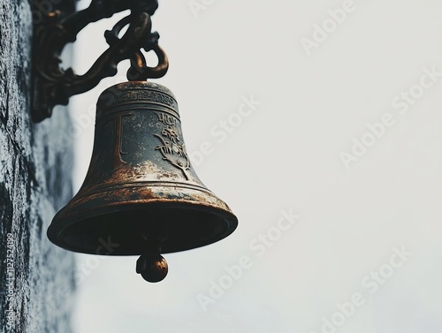 A close-up focused on a hanging bell adorned with a rope on a stone tower, with the bell's fine details and the nearby architecture clearly visible, framed by a bright white backdrop. photo