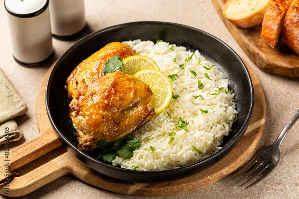 Lunch, Roasted chicken thighs and rice with lemon, bread pieces. Lunch, Roasted chicken thighs and rice with lemon, bread pieces.