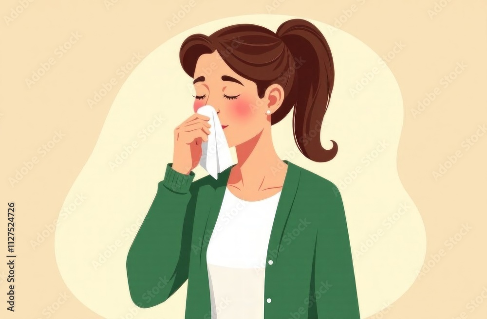 Woman sneezing into tissue with allergies or cold illness concept illustration Woman sneezing into tissue with allergies or cold illness concept illustration