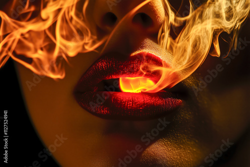 Close up of woman mouth is smoking cigarette, smoke and fire drifting around, black background. World No Smoking Day photo