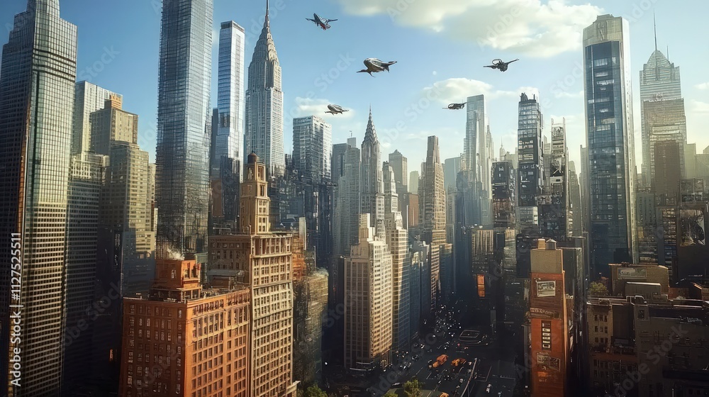 Obraz premium Futuristic cityscape, flying vehicles, skyscrapers.