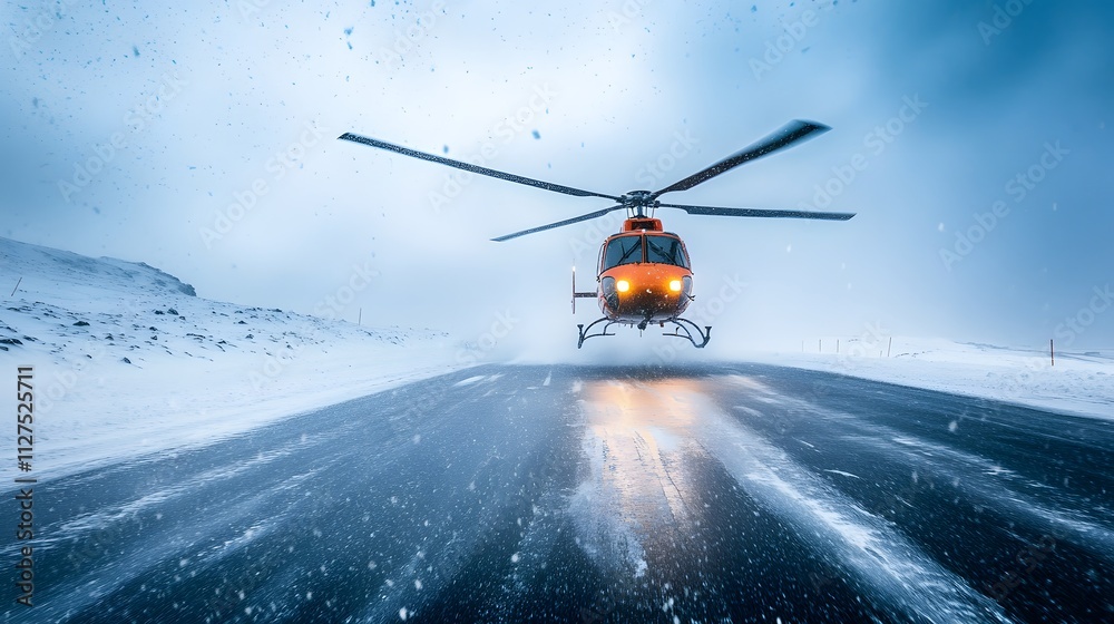 A rescue helicopter landing on an icy road during a severe snowstorm. A rescue helicopter landing on an icy road during a severe snowstorm.