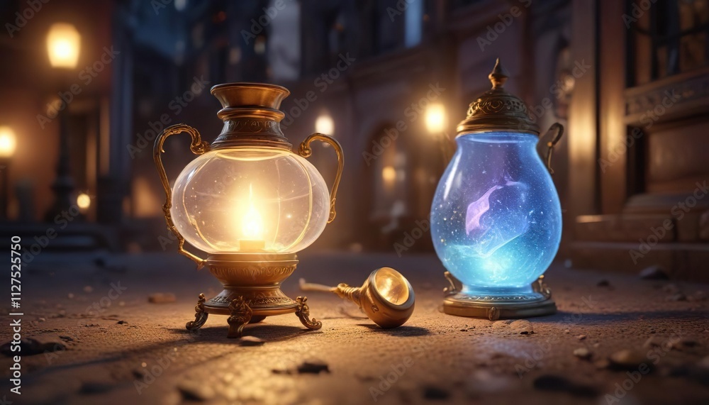 Enchanted lamp with shiny genie appearing on the ground, enchanted, mystical, shiny, appearance Enchanted lamp with shiny genie appearing on the ground, enchanted, mystical, shiny, appearance