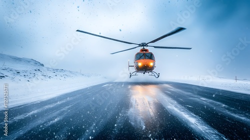 A rescue helicopter landing on an icy road during a severe snowstorm. photo