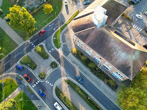 High Angle Footage of Letchworth Garden City of England Great Britain UK. Aerial View Was Captured with Drone's Camera on Cold Evening and During Sunset time of November 11th, 2023 photo