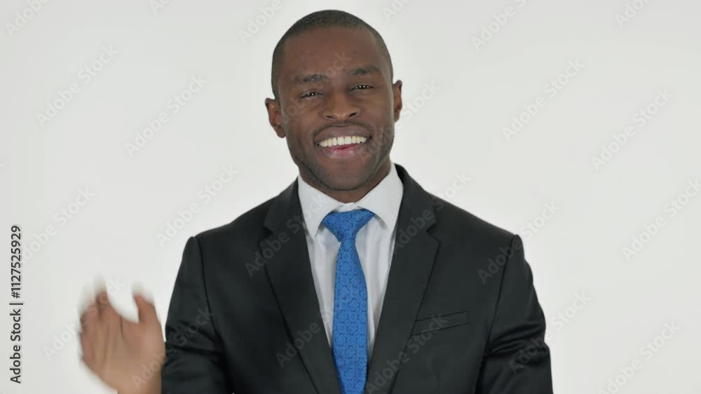 Portrait of African Businessman Waving Hand to Welcome on White Background