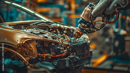 A robotic painting system applying a flawless metallic finish to a car body.