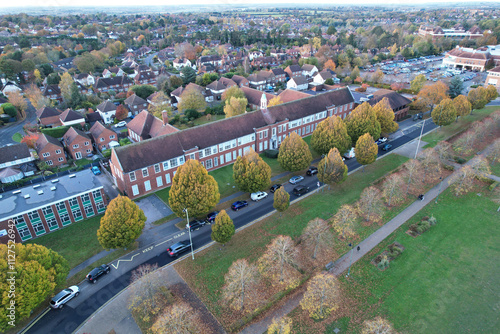 High Angle Footage of Letchworth Garden City of England Great Britain UK. Aerial View Was Captured with Drone's Camera on Cold Evening and During Sunset time of November 11th, 2023 photo