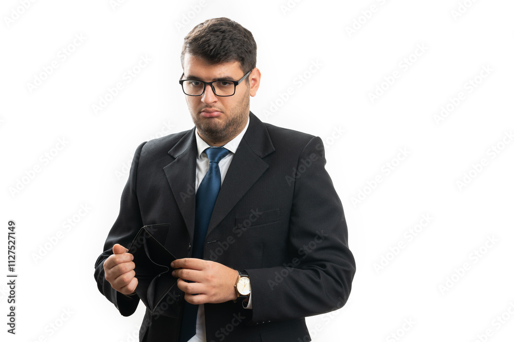 Sad businessman showing empty wallet as bankruptcy concept Sad businessman showing empty wallet as bankruptcy concept