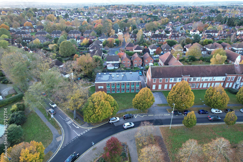 High Angle Footage of Letchworth Garden City of England Great Britain UK. Aerial View Was Captured with Drone's Camera on Cold Evening and During Sunset time of November 11th, 2023 photo