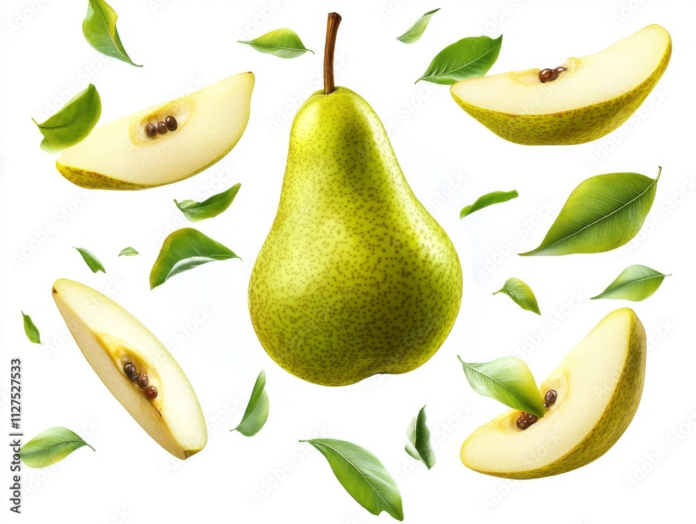 Obraz premium Pears, still green and with leaves, isolated on a white background, displaying their vibrant hue and juicy flesh, suitable for healthy snacking and gourmet recipes.