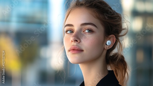 Free Download Close-up of a businesswoman wearing a futuristic earpiece, showcasing innovation in communication technology within a modern urban environment


 - GFXLoad