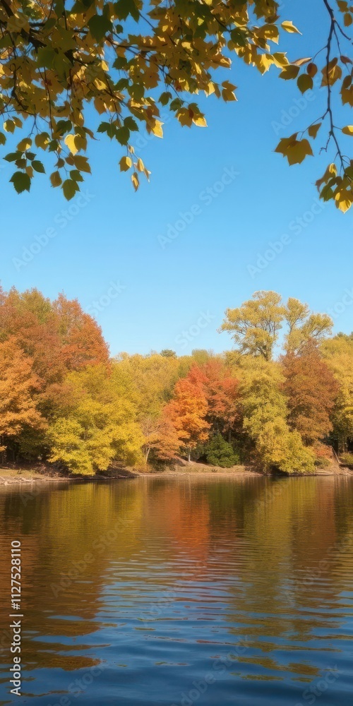 Beautiful autumnal scene at Lake Balaton with colorful foliage, calm water, and clear blue sky, reflection, nature Beautiful autumnal scene at Lake Balaton with colorful foliage, calm water, and clear blue sky, reflection, nature