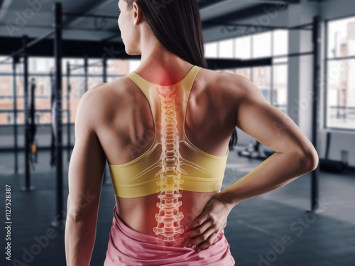 Una radiografía 3D de una mujer atlética en un gimnasio con dolor de espalda
