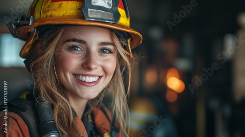 Confident female firefighter smiles while wearing protective gear inside fire station garage, ready for duty